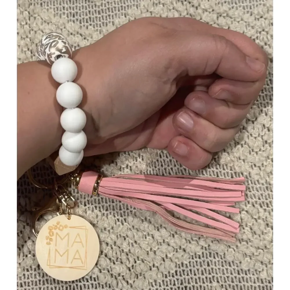 Mama Silicone Beaded Keychain Wristlet with Pink Tassel